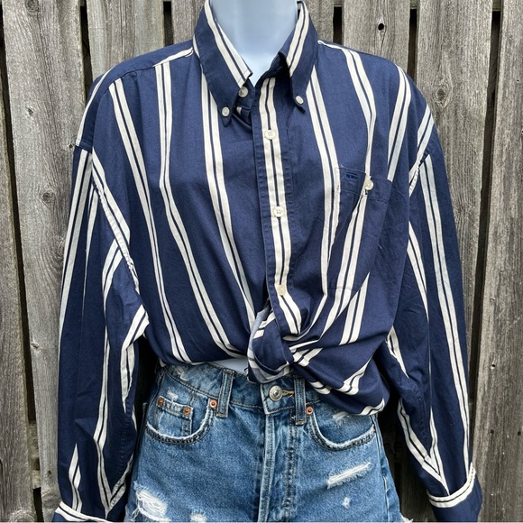 Vintage Alexander Julian Colours Navy Blue White Stripe Button Down Shirt XL - Picture 5 of 13